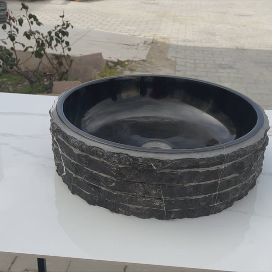 Toros Black Marble Vessel Bathroom Sink Bowl Polished Interior and combed Exterior D16 H5 SKU EGENTBM1675 360 view