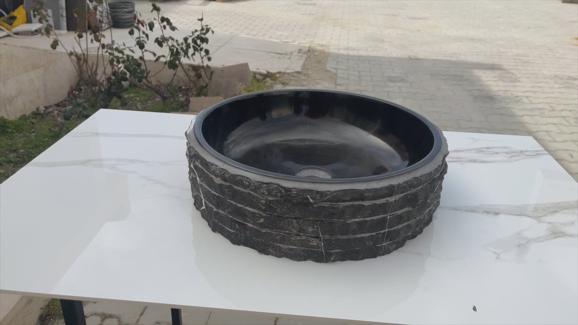 Toros Black Marble Vessel Bathroom Sink Bowl Polished Interior and combed Exterior D16 H5 SKU EGENTBM1675 360 view