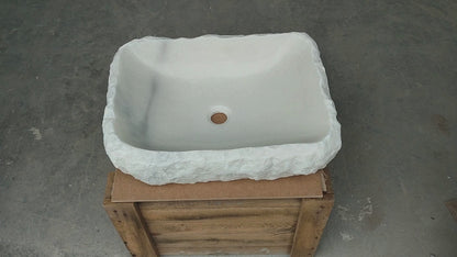 Carrara Marble Rustic Natural Stone Vessel Sink Polished Interior Hand Chiseled Exterior (W)16" (L)22" (H)5"