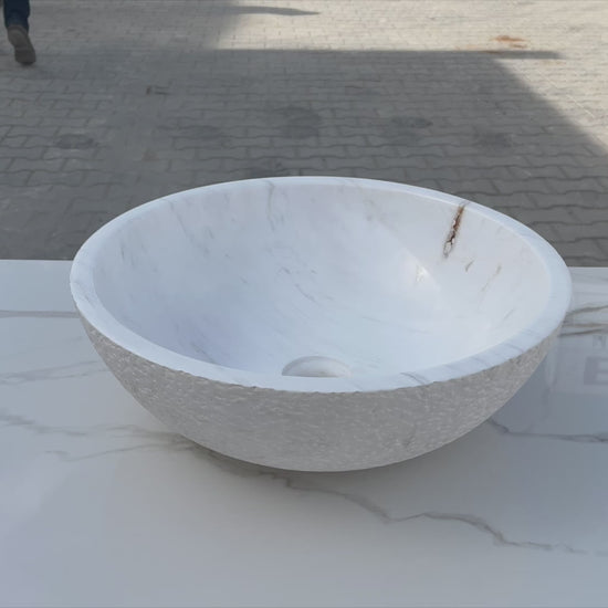 Calacatta white marble vessel sink polished and rough d16 h5 SKU EGECVP165 360 view