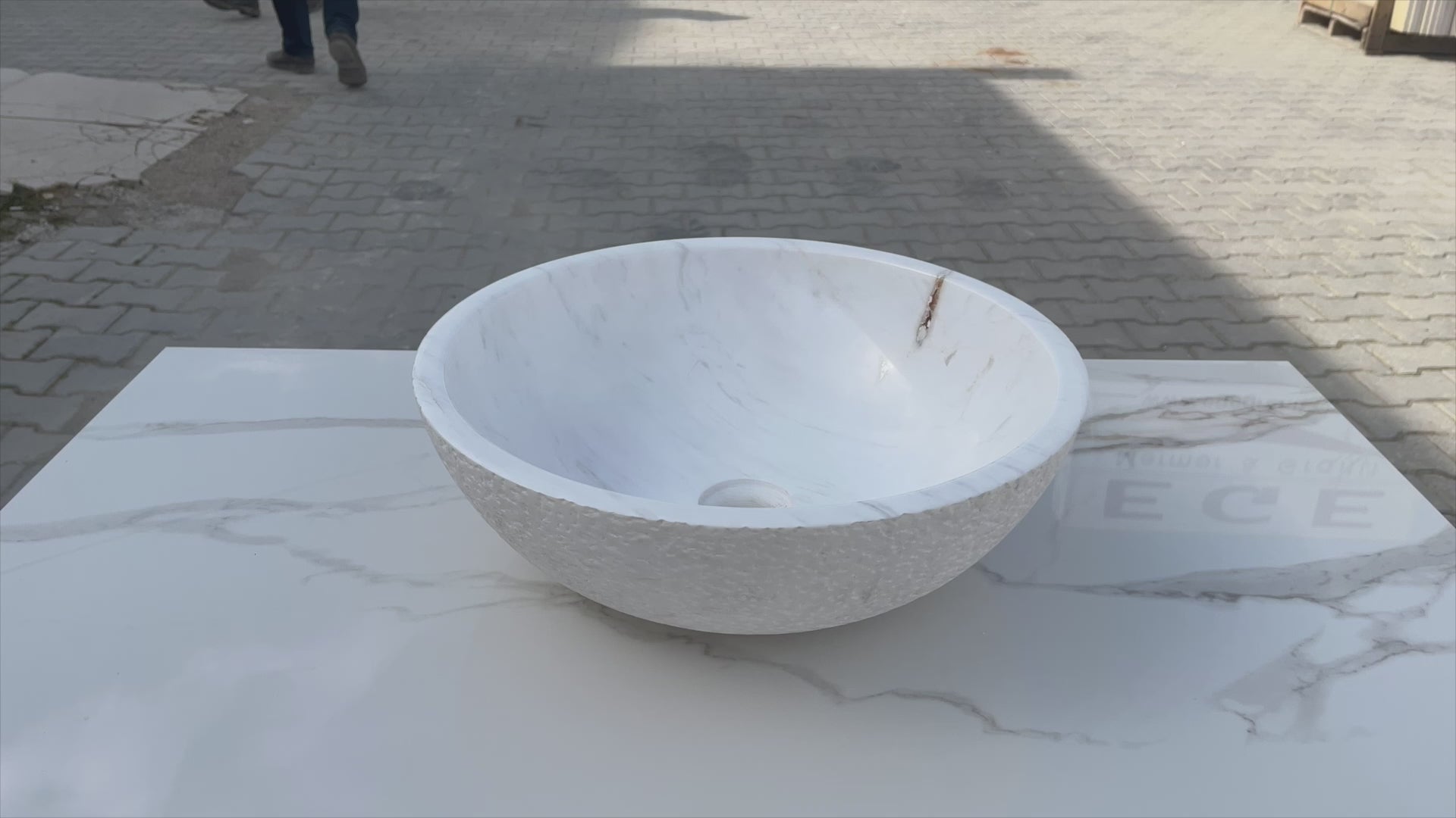 Calacatta white marble vessel sink polished and rough d16 h5 SKU EGECVP165 360 view