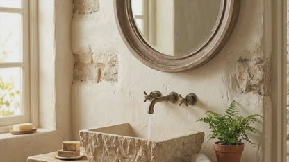 Troia Light Rustic Travertine Rectangular Above Vanity Bathroom Sink Hand Chiseled Exterior