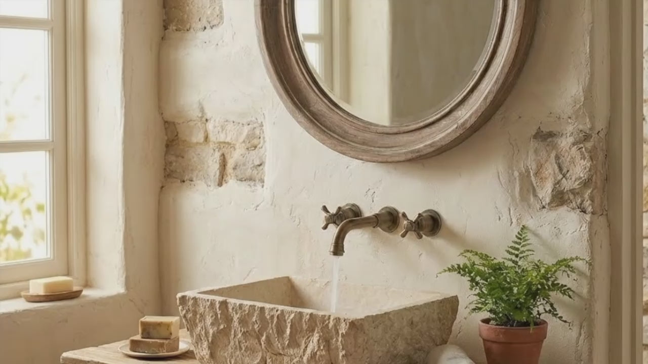 Troia Light Rustic Travertine Rectangular Above Vanity Bathroom Sink Hand Chiseled Exterior
