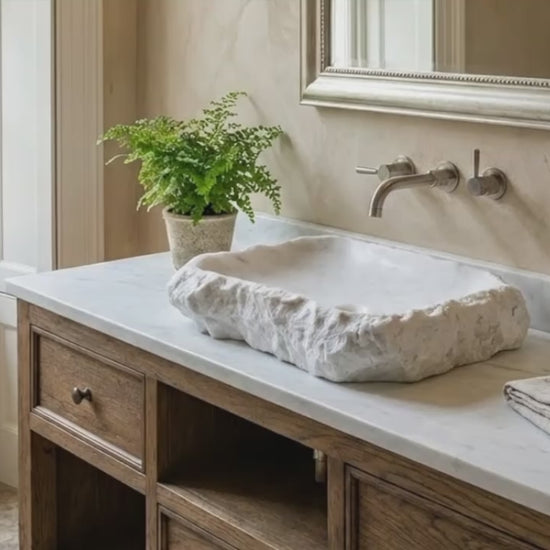 Carrara Marble Rustic Natural Stone Vessel Sink Polished Interior Hand Chiseled Exterior (W)16" (L)22" (H)5"