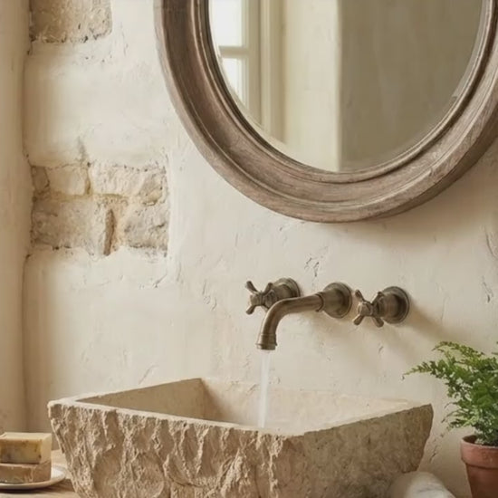 Troia Light Rustic Travertine Rectangular Above Vanity Bathroom Sink Hand Chiseled Exterior