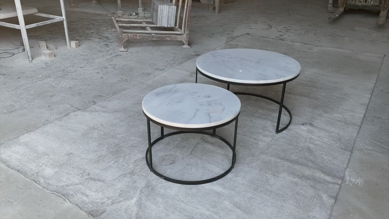 Carrara White Marble Nesting Coffee Table Round Set of 2 mayausatile