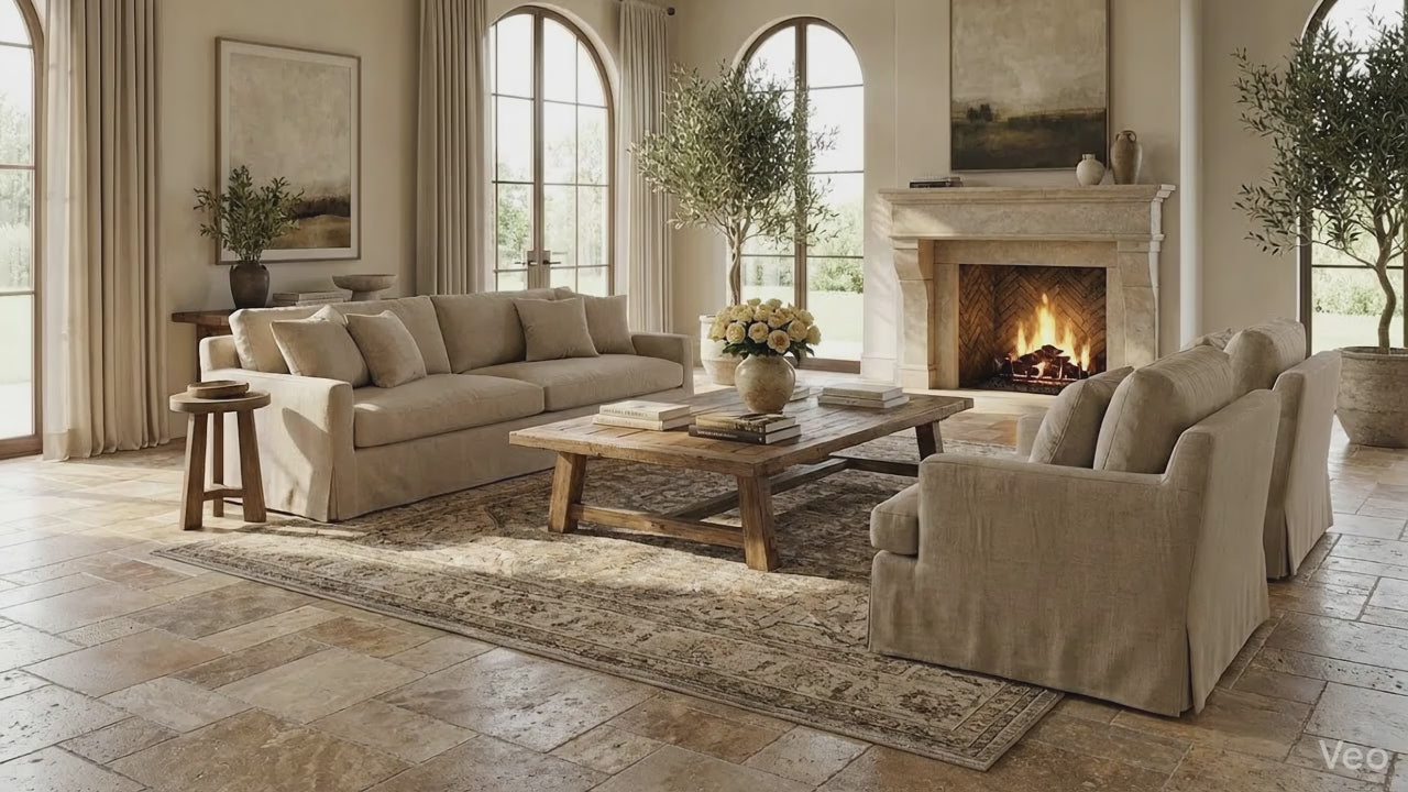 Cozy living room with beige sofa, wooden coffee table, and fireplace. Meandros walnut antique pattern set travertine tile SKU-10061703 multi top view