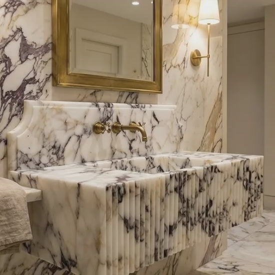 Calacatta Viola Marble Wall-mount Bathroom Vanity Sink Fluted Front (W)21" (L)37" (H)12"