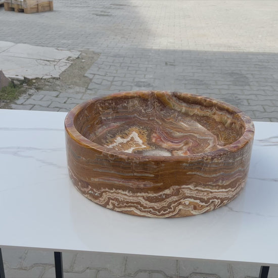 Brown onyx translucent natural stone vessel sink polished d16 h5 SKU EGEBOXPF165 360 view