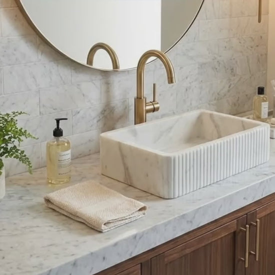 Carrara White Marble Wall-mount Bathroom Sink Ribbed Textured (W)16" (W)24" (H)6"