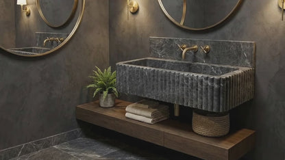 Sirius Black Marble Wall-mount Bathroom Sink Ribbed with 4" Backsplash