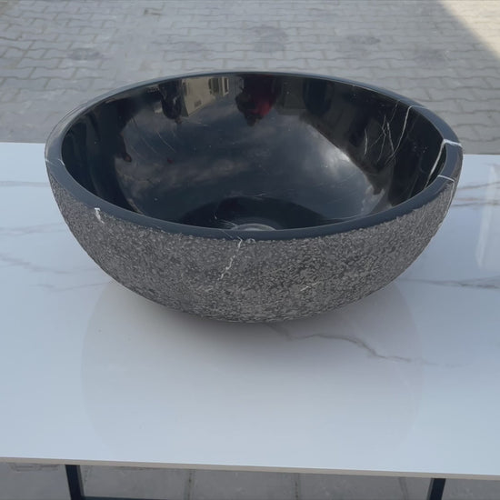 Toros Black Marble Natural Stone Vessel Sink Polished and Rough D16 H6 SKU EGE7TBP165 360 view