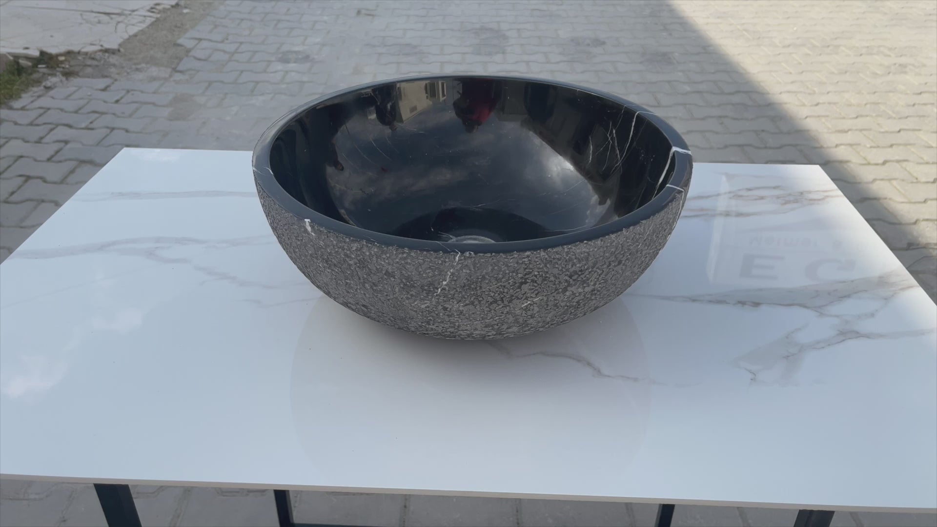 Toros Black Marble Natural Stone Vessel Sink Polished and Rough D16 H6 SKU EGE7TBP165 360 view