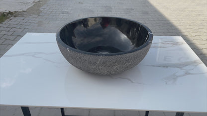 Toros Black Marble Natural Stone Vessel Sink Polished and Rough D16 H6 SKU EGE7TBP165 360 view