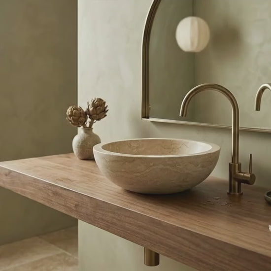 Beige Travertine Natural Stone Vessel Sink Honed and Filled  (D)16" (H)6"