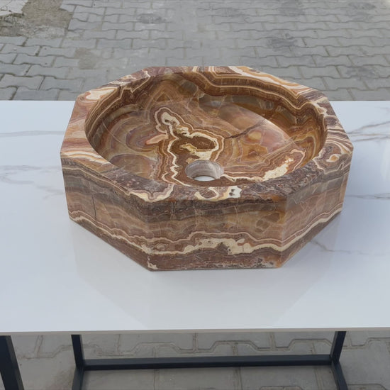 Brown Onyx Translucent Octagon Natural Stone Vessel Sink Polished D16 H5 SKU EGEBOXP165 360 view