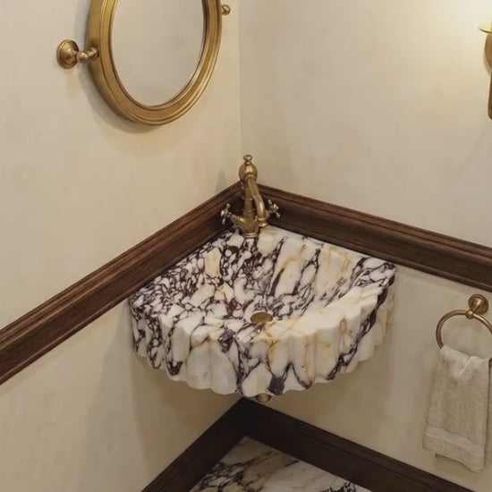 Calacatta Viola Marble Wall-mount Bathroom Corner Vanity Sink Ribbed (W)20" (L)20" (H)7"