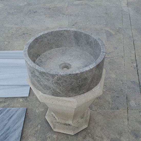 natural stone tundra grey marble round vessel sink polished SKU TMS04 Size (D)16.5" (H)6"  video