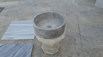 natural stone tundra grey marble round vessel sink polished SKU TMS04 Size (D)16.5" (H)6"  video