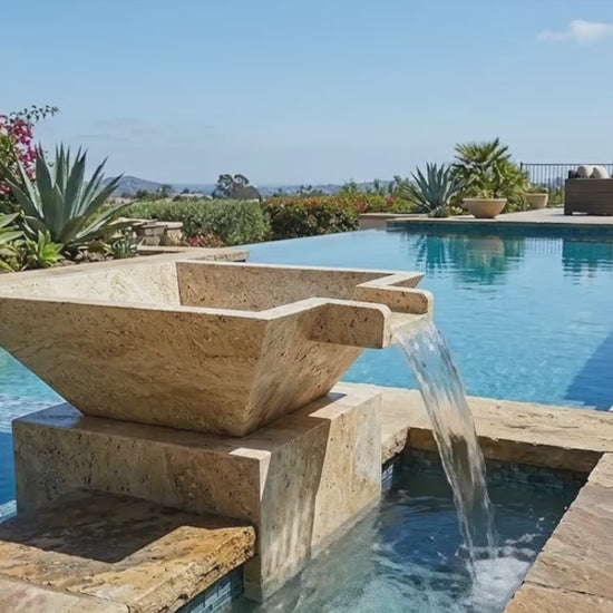 Miletos Ivory Travertine Natural Stone Square Pool Bowl with Lip