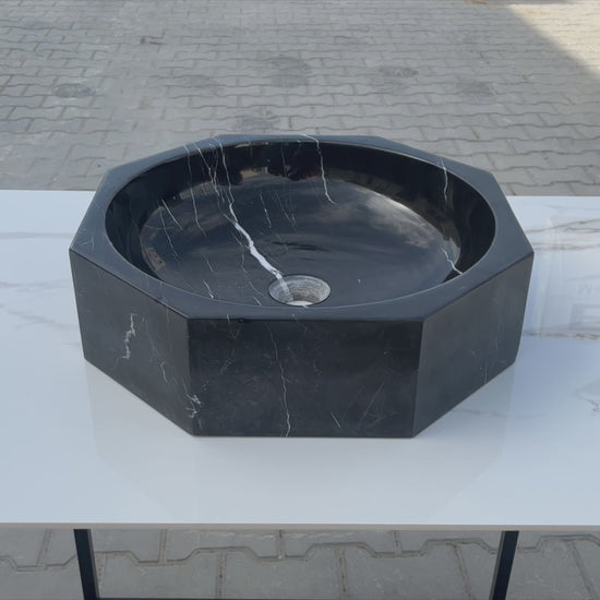 Toros Black Marble Octagon Natural Stone Vessel Sink Polished D16 H5 SKUEGETBOP166 360 view