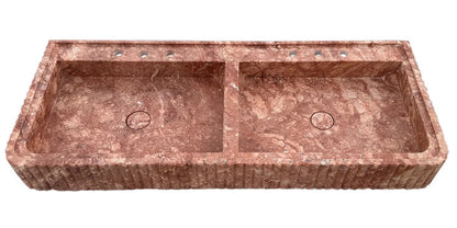 Red Travertine Double Bathroom Vanity Sink Fluted on Front and Edges (W)20" (L)48" (H)6"