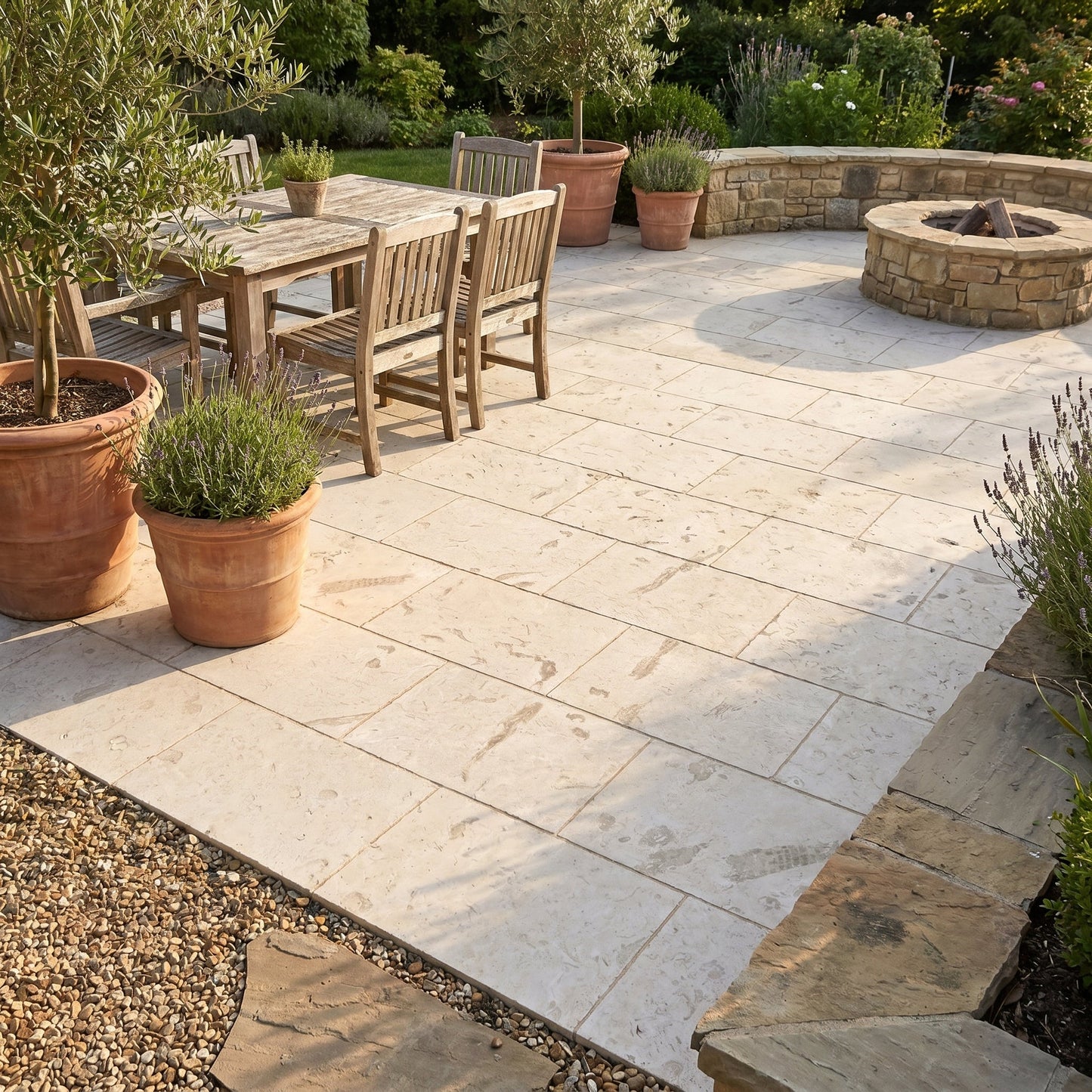 Outdoor patio with wooden furniture, potted plants, and a fire pit. Shell Stone White Tumbled Limestone Pavers