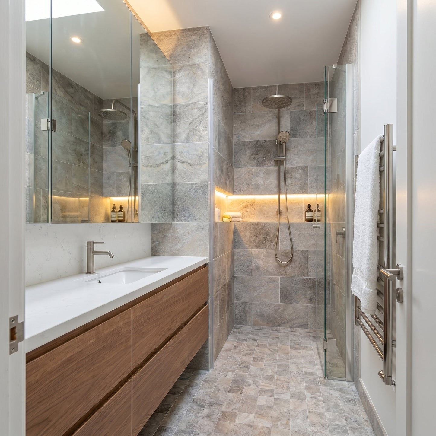 Modern bathroom with wooden vanity, glass shower enclosure, and towel rack.