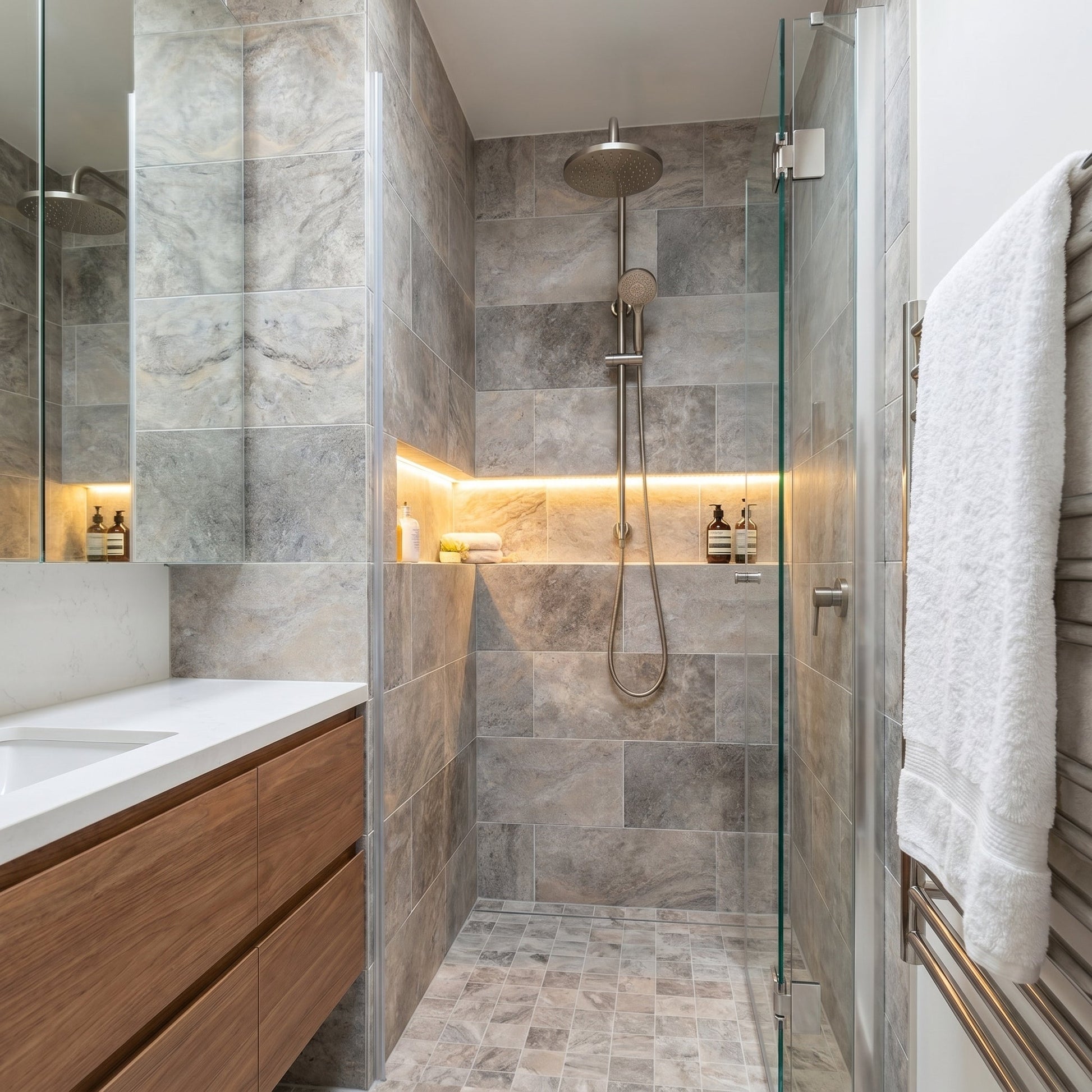 Modern bathroom with shower area, wooden vanity, and towel rack.