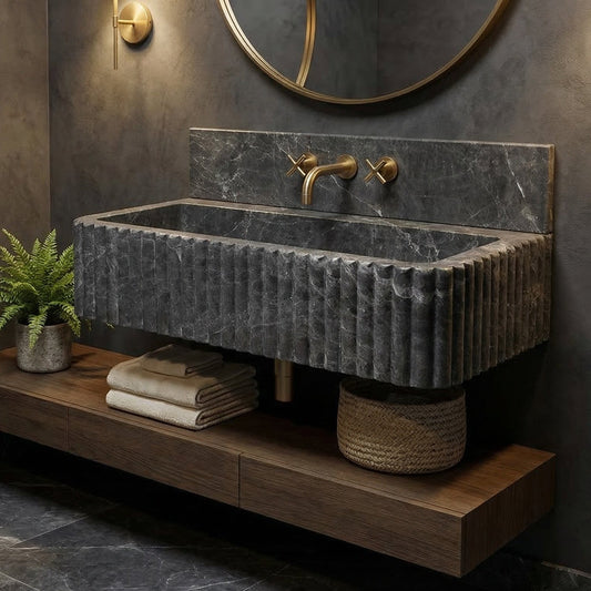 Modern bathroom with a stone sink and wooden vanity