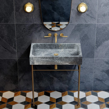Sirius Gray Marble Rectangular Above Vanity Bathroom Sink (W)15" (L)24" (H)5" installed bathroom above metal frame gold faucet