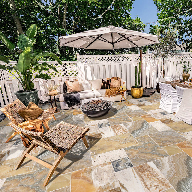 storm traonyx antique pattern brushed straight edge installed outdoor with  garden furniture and umbrella