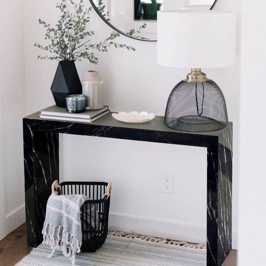 Toros Black Marble Rectangular Console Polished (W)12" (L)40" (H)30" inside house magazines on top