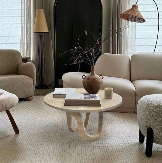 Troia Light Travertine Vein-cut Designer Round Polished Coffee Table (D)24" (H)14" living room beige couch and beige carpet