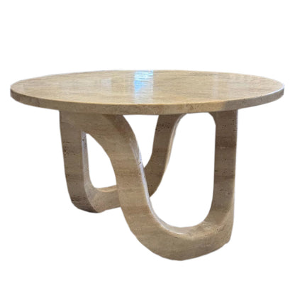 Troia Light Travertine Vein-cut Designer Round Polished Coffee Table (D)24" (H)14" side view