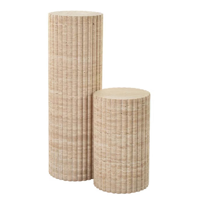 Troia Light Travertine Plinth Side Table Fluted Unfilled, Honed Large and Small sizes together