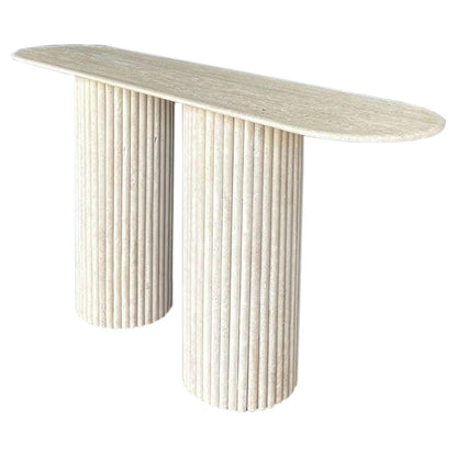 Troia Light Travertine Fluted Legs Designer Console Polished (W)16" (L)63" (H)34" angle view