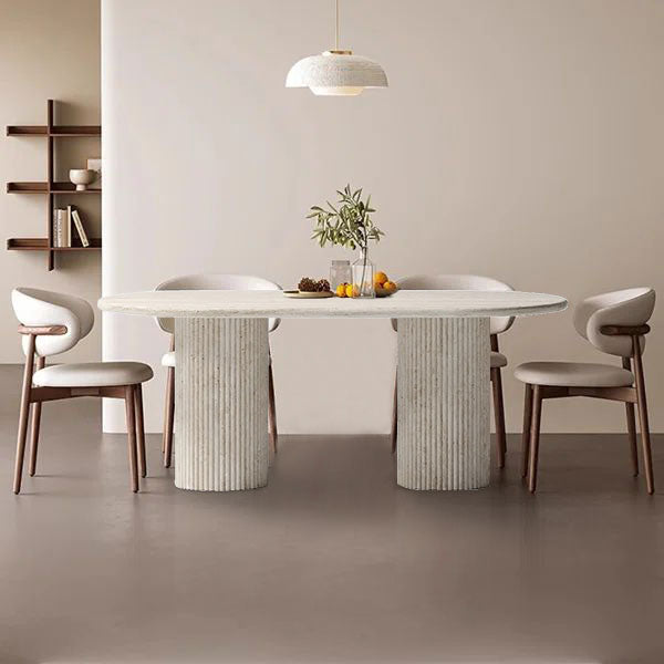Troia Light Travertine Oval Dining Table with Fluted Round Legs (W)40" (L)75" (H)30" living room view beige color chairs