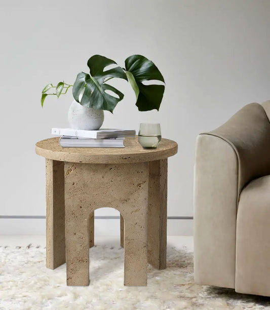 Troia Light Travertine Round End/Side Table U Shape Legs Unfilled, Honed (D)18" (H)20"