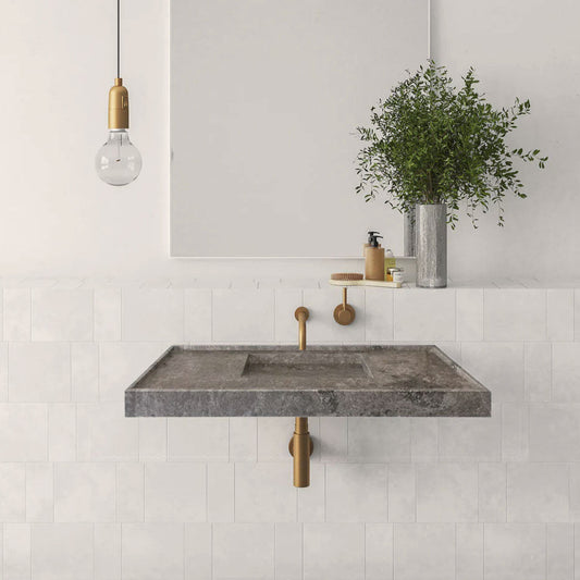 Tundra Grey Marble Rectangular Wall-mount Bathroom Sink Hidden Drain (W)20" (L)48" (H)5"