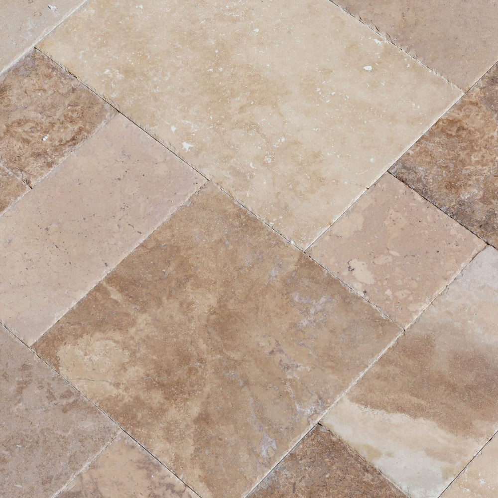 volcano antique French pattern set travertine tile size pattern set surface brushed chiseled SKU-10076976 close up view of product