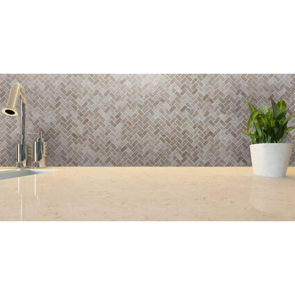 Medium Beige Travertine Tumbled Herringbone Mosaic Floor and Wall Tile (10 sqft per box)