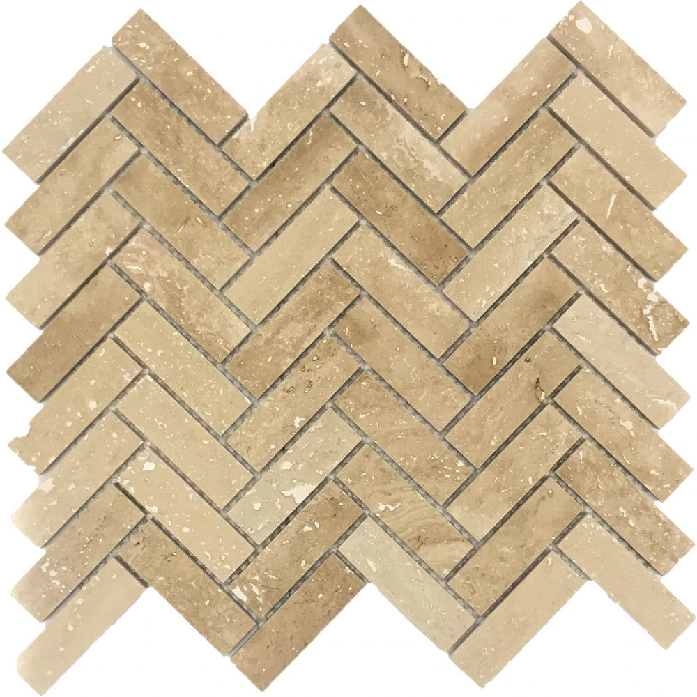 Patara Herringbone 12" x 12" Honed Travertine Mesh-Mounted Mosaic Tile SKU-HS1x3HMOSHF Mesh view on white background