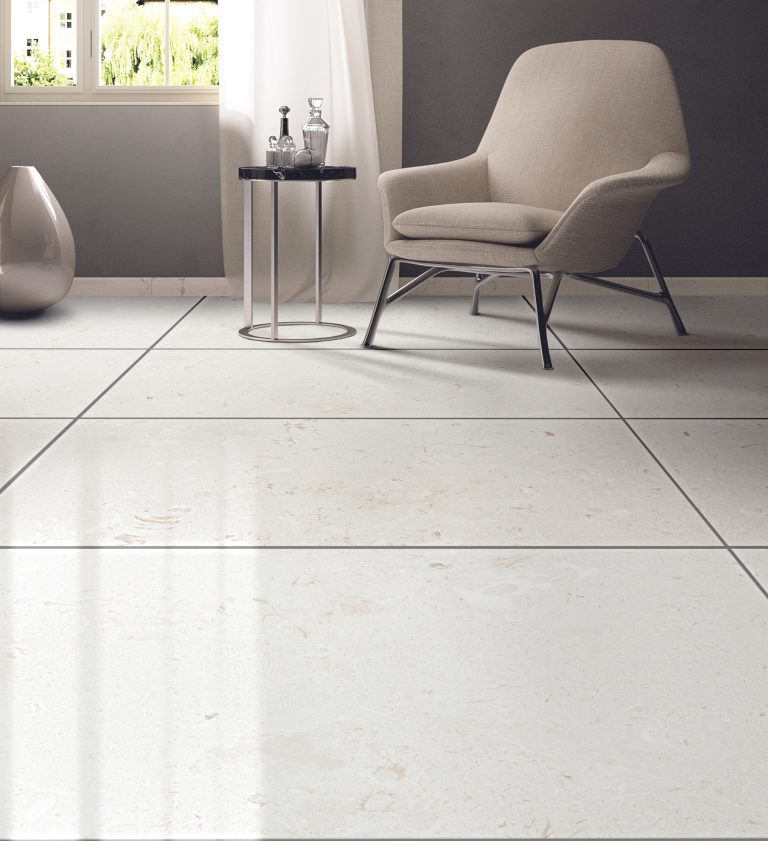 myra white limestone tile installed in livingroom