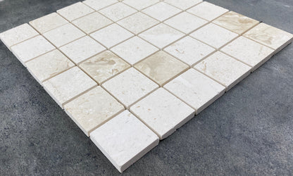 Shell Stone Limestone 2"x2" Honed on 12" x 12" Mesh Mosaic Tile