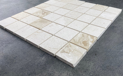 Shell Stone Limestone 2"x2" Honed on 12" x 12" Mesh Mosaic Tile