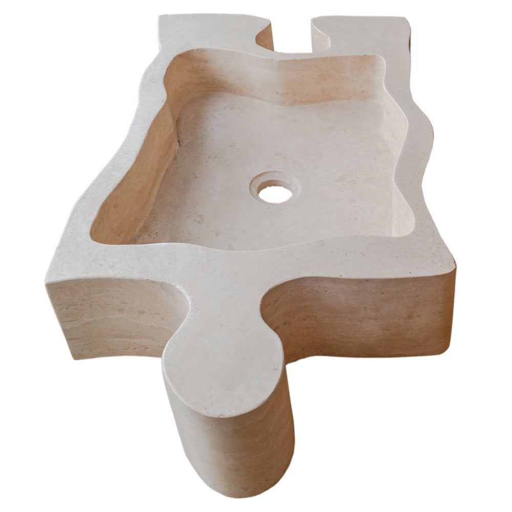 Beige Travertine puzzle shape farmhouse sink NTRVS02 sizeBeige Travertine puzzle shape farmhouse sink NTRVS02 size (W)16" (L)27.5" (H)6" side view product shot