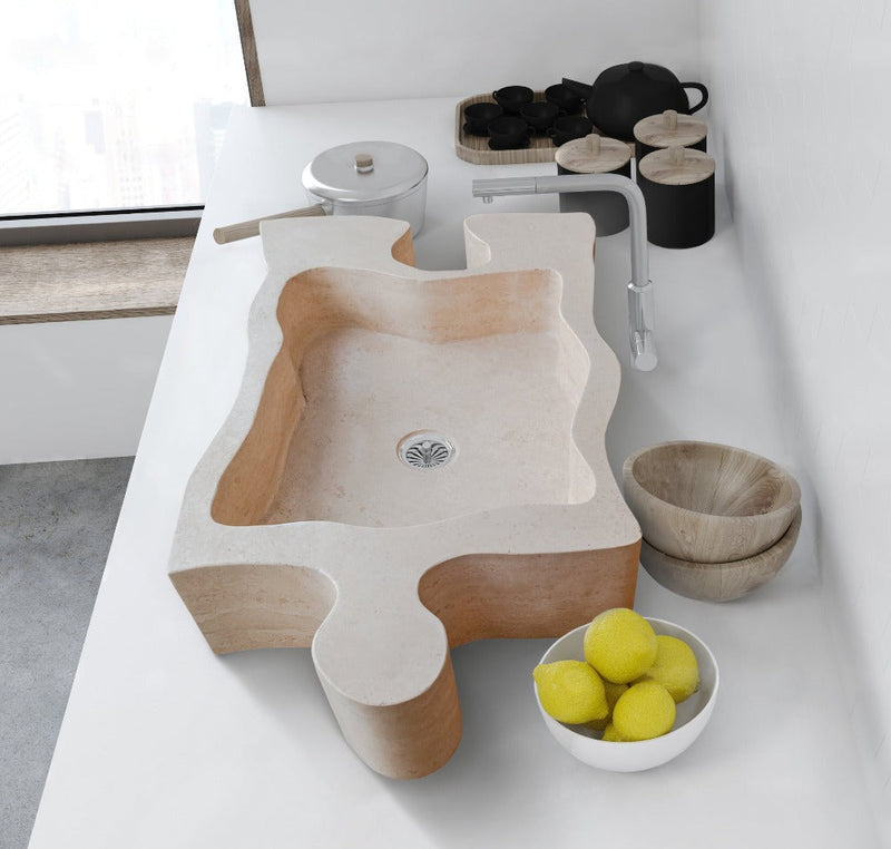 Beige Travertine puzzle shape farmhouse sink NTRVS02 size  kitchen installed