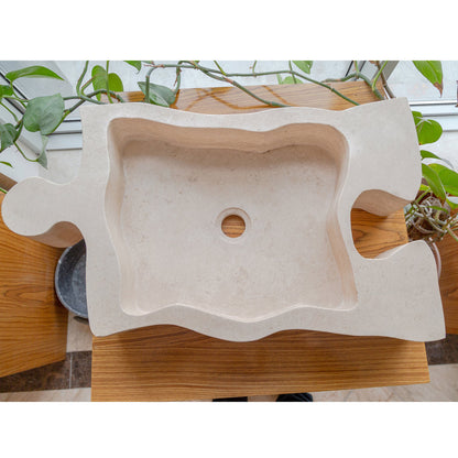 Beige Travertine puzzle shape farmhouse sink NTRVS02 sizeBeige Travertine puzzle shape farmhouse sink NTRVS02 size (W)16" (L)27.5" (H)6" top view product shot