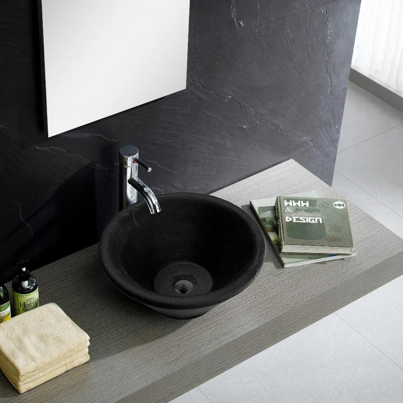 Black Andesite Natural Stone V Shape Tapered Sink Honed Matte (D)16" (H)6" SKU-NTRSTC11 installed on bathroom above counter